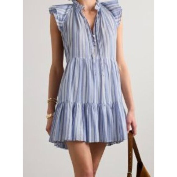 Trendy Easter Spring Veronica Beard Zee Blue White Striped Dress Tiered Ruffle S - Picture 2 of 16